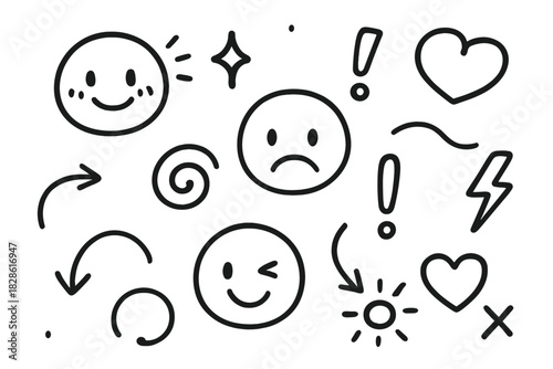 Hand-drawn doodle elements featuring emoticons, arrows, and symbols for social media
