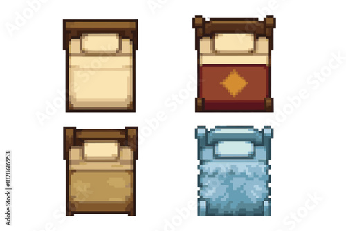 Set of four pixel style beds with wooden frames and various bedding designs