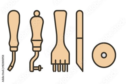 Set of leather craft tools including awls, stitching fork, skiving knife, and rotary cutter