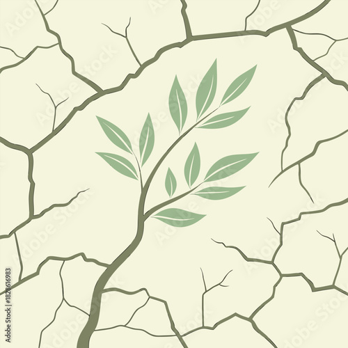 A single green branch with leaves growing through cracked dry earth texture ground