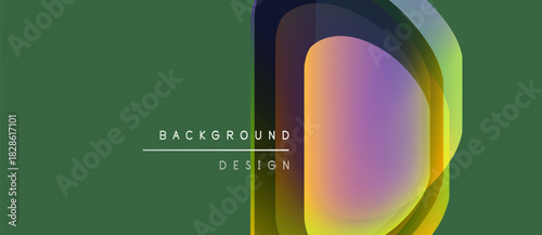 Abstract design features layered shapes, vibrant colors, letter D, green backdrop. Minimalist aesthetic, modern composition.