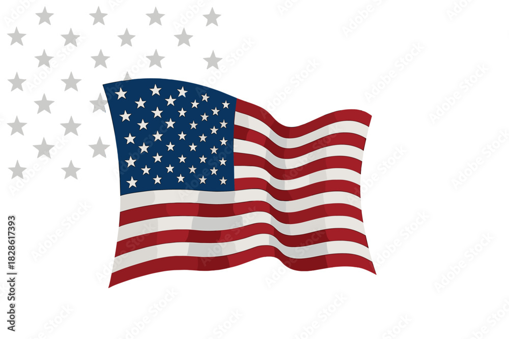 Fototapeta premium Dynamic waving American flag with scattered star shapes on white background