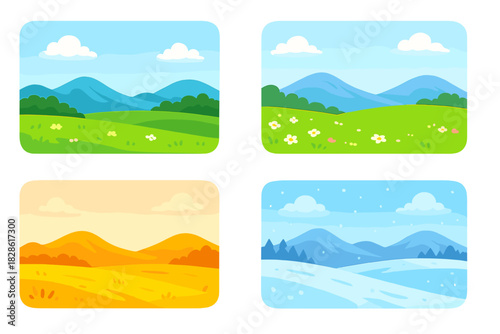 Four cartoon landscapes illustrating the changing seasons: spring, summer, autumn, and snowy winter