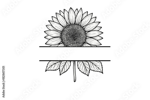 Blooming sunflower head with leaves and a customizable split frame design