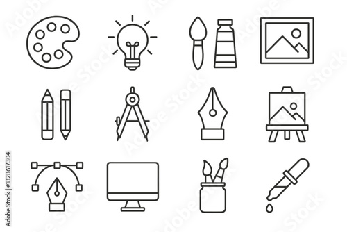 Outline icons set for graphic design, drawing, painting, and creative artistic tools