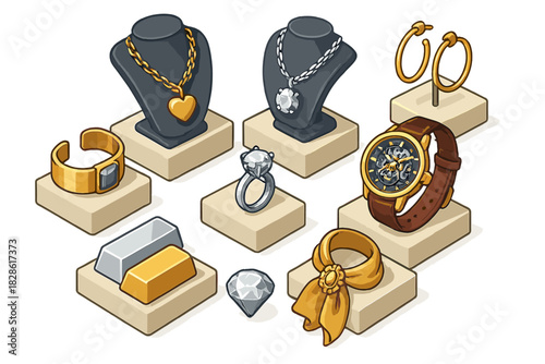 Isometric collection of luxury jewelry and precious metal items displayed on small pedestals