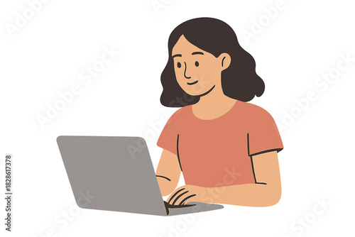 Smiling young woman working remotely on laptop computer or studying online
