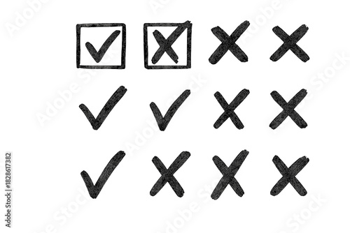 Hand drawn check marks and cross symbols set for selection and rejection