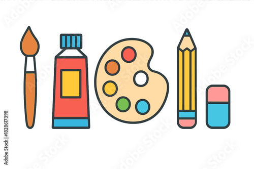 Art supplies collection including paint tube, brush, palette, pencil, and eraser