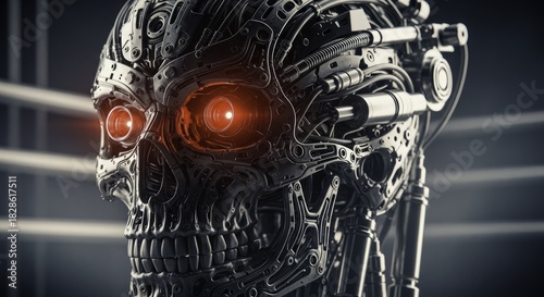 Menacing Robotic Skull with Glowing Red Eyes, Detailed Cybernetic Design, and Futuristic AI Aesthetics