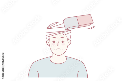 Unhappy old grey-haired man suffer from memory loss. Unwell elderly grandfather struggle with dementia or Alzheimer disease. Healthcare and geriatrics. Vector illustration.