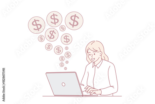 Happy successful businesswoman work online on laptop receive good financial income from web trading. Smiling woman freelancer get paid in internet, get dividend from investment. Vector illustration.
