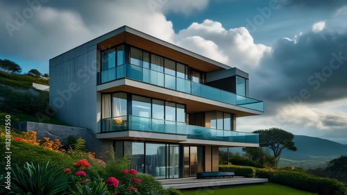 Modern Multi-Story House with Glass Balconies on a Hillside image photo