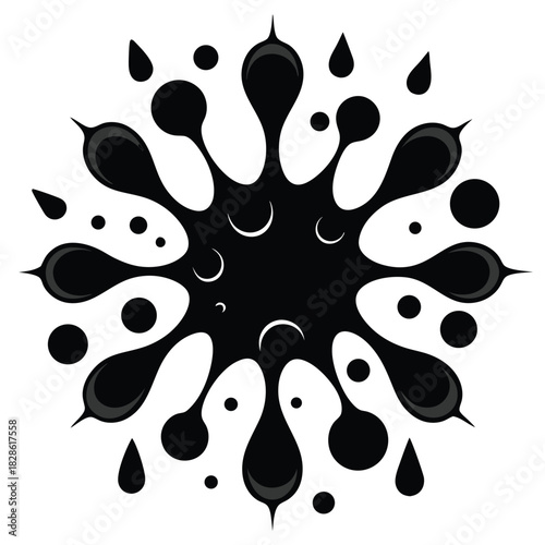 Black ink splash with droplets and circles on white background Keywords: ink splash, black ink, liquid splash, abstract, splatter, drop, droplet