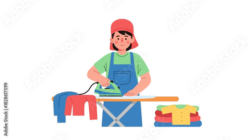 Woman ironing clothes with an electric iron at home, laundry service