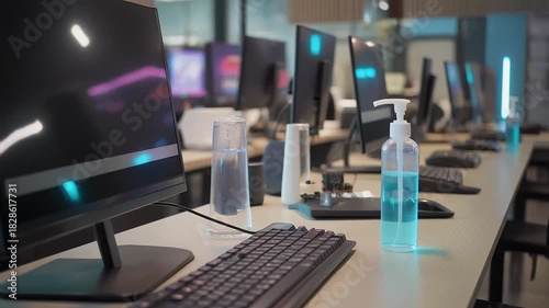 Office Desks with Computers and Hand Sanitizer Bottle image photo