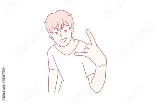 smiling teenage boy showing rock gesture in casual t-shirt, confident pose, minimal line art illustration