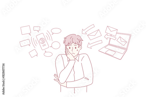 Stressed businessman feel anxious with phone and computer notifications. Unhappy worried man employee or worker distressed frustrated with workload online. Overwork concept. Vector illustration.