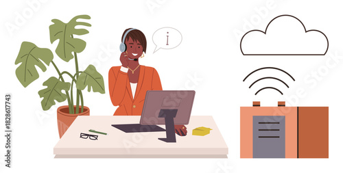 Support agent using a computer and headset to assist clients, plant decor, cloud storage system. Ideal for customer service, technology, communication, remote work, helpdesk, support simple flat