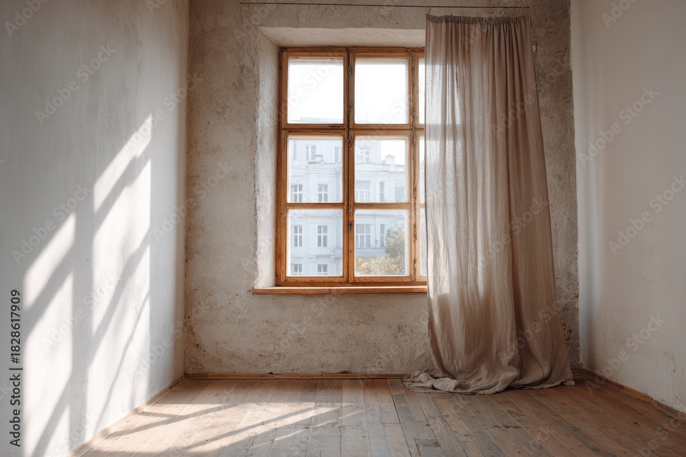 Fototapeta premium Natural light streams into an empty room through a vintage window with sheer curtains.