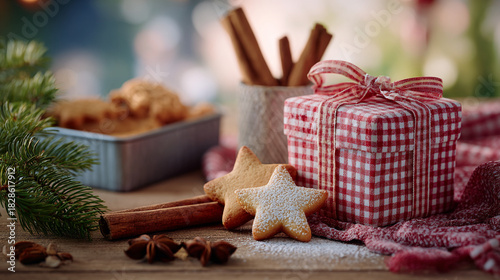 Festive christmas arrangement with cookies gift and cinnamon sticks