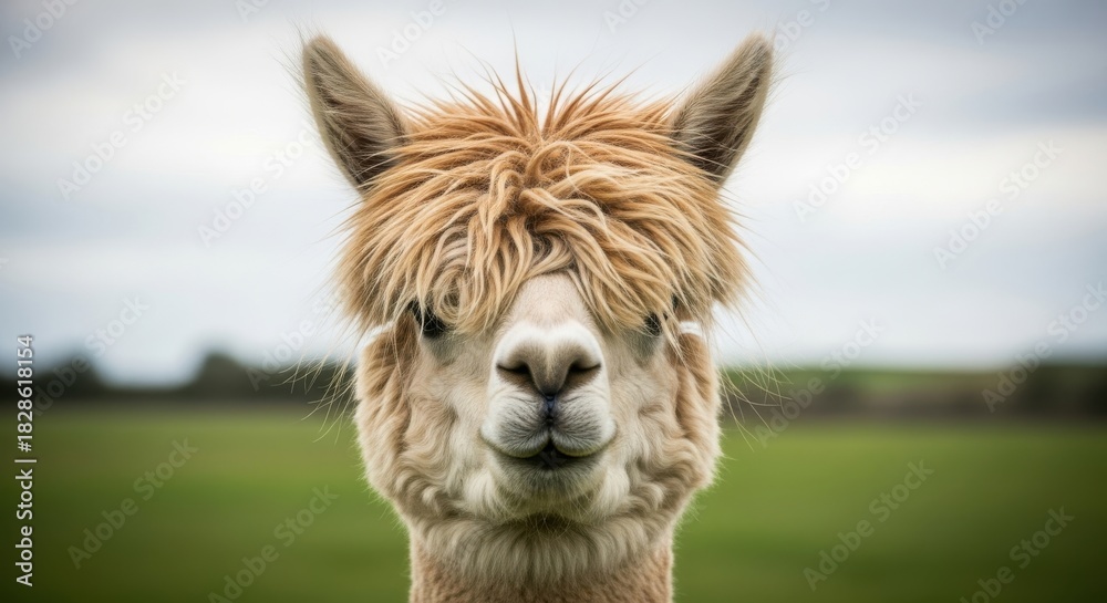Fototapeta premium Alpaca with shaggy hair looking directly at camera, funny farm animal
