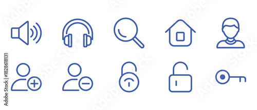 ui blue outline icons set for audio search user profile home security and access