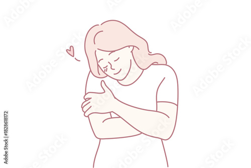 serene woman cuddles soft pillow, tranquil woman lovingly embraces her favorite fluffy pillow, peaceful woman with warm affection gently hugs her most comforting and soft cushion