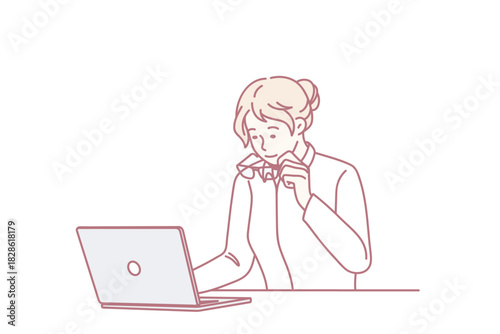 Businesswoman take off glasses look at screen shocked by unexpected news online on computer. Frustrated female employee surprised confused with laptop notification or notice. Vector illustration.