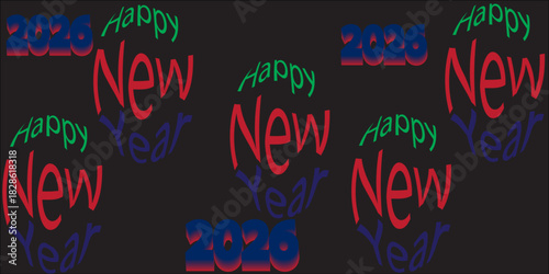 A repetitive, celebratory digital graphic for "Happy New Year 2026" on a dark background. The text elements are arranged in a dynamic, scattered pattern