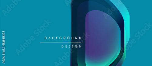 Abstract design features layered shapes, vibrant colors. Letter D dominates composition, teal background present. Modern aesthetic.