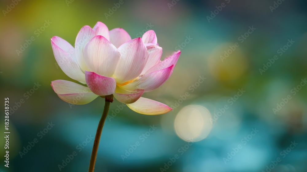 Obraz premium A beautiful lotus flower stands tall in a serene pond showcasing its pink and white petals against a soft colorful background. Morning light enhances the peaceful setting.