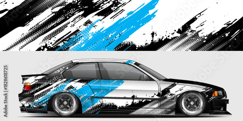 Car wrap design vector. Car livery abstract decal with black, white, blue colour. Sticker Vinyl template. Suitable for racing, rally, drfit, sport car, truck, or daily use car