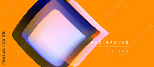 Abstract geometric shapes overlap vibrant orange background. Modern design elements create layered visual effect. Minimalist style.