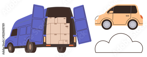 Blue delivery truck loaded with cardboard boxes, orange compact car, and a white cloud shape. Ideal for logistics, shipping, transportation, delivery service, freight business storage. Simple flat