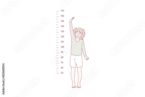 Small girl child show height standing near measuring tape on wall. Little kid growing showing how tall she is. Childhood aging concept. Vector illustration.