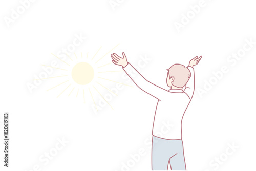 Morning sun meditation, Woman embraces dawn with peaceful thankfulness exercise, Individual practices appreciation while reaching out towards bright morning daylight with calmness