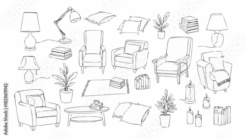 Cozy Reading Nook Line Art Collection - Hand Drawn Furniture & Decor Icons