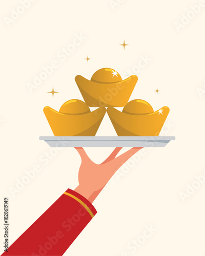 vector illustration of Hand with serving tray and gold. Lucky and wealthy of Asian culture concept.