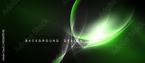 Abstract green design features flowing lines, bright light effects. Dark background enhances luminous curves, creating dynamic visual impact.