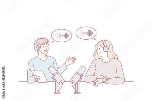 Smiling man radio host talk with guest in studio. Happy male presenter speak with woman, have communication record podcast together. Entertainment industry. Flat vector illustration.