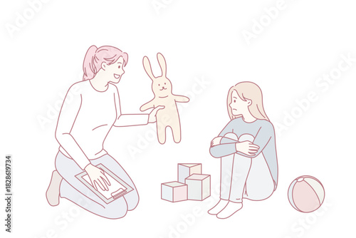 Woman psychologist help teen girl child feeling depressed of school bullying. Female counsellor give toy talk with stressed kid struggle with depression or mental problems. Vector illustration.