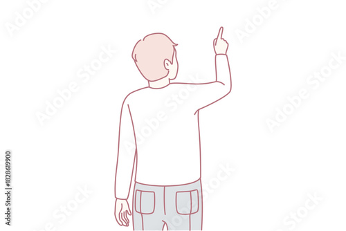 Man standing pointing at wall, gesturing toward imagined chart, assertive posture captured in minimal line art, back view with jeans and pocket detail, leadership and strategy concept,