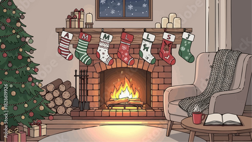 Festive christmas scene featuring a decorated tree and a cozy fireplace with stockings hung above it
