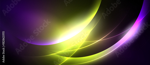 Abstract vibrant curves, luminous yellow center, purple hues, dark background. Smooth gradients create dynamic visual flow.