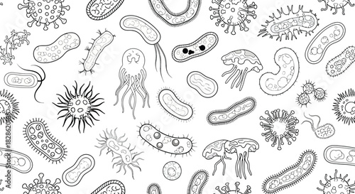 Microorganism Seamless Pattern: Black and White Vector Background of Bacteria, Virus and Germs