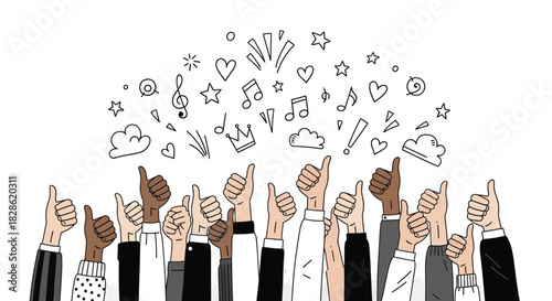 Enthusiastic audience giving thumbs up, crowd hands gestures with doodle icons illustration