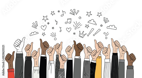 Diverse Crowd Giving Thumbs Up: Vector Illustration with Positive Symbols and Elements