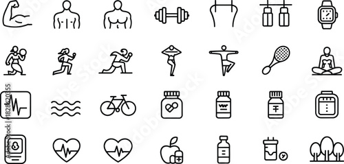 Fitness and Wellness Line Icons Set – Exercise, Workout, Yoga, Running, Strength Training, Supplements, Healthy Lifestyle and Sports Elements