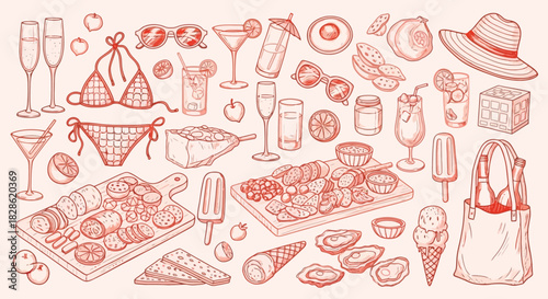 Summer Holiday Picnic Vector Illustration Set with Sunglasses, Drinks, and Food